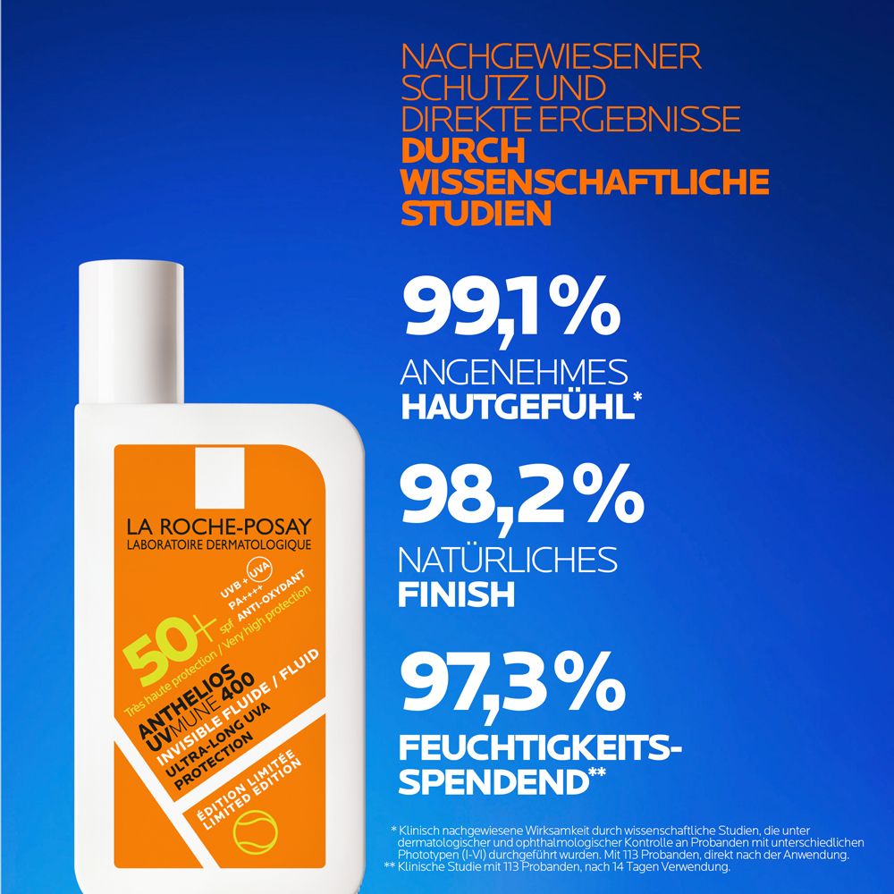 Text mit Prozentangaben: Hautgefühl, Finish, Feuchtigkeit. La Roche-Posay Anthelios UVMune 400 Fluid.