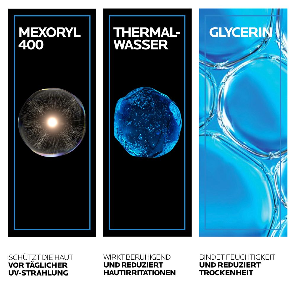 Drei Textfelder: Mexoryl 400, Thermalwasser, Glycerin. Beschreibungen in Schwarz auf Schwarz.