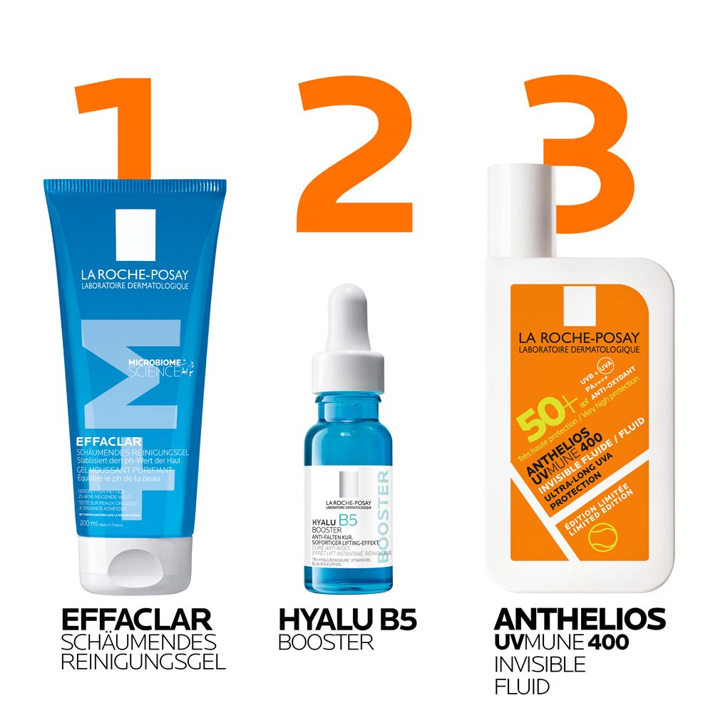 Drei Produkte: Effaclar Reinigungsgel, Hyalu B5 Booster, Anthelios UVMune 400 Fluid. Nummeriert.