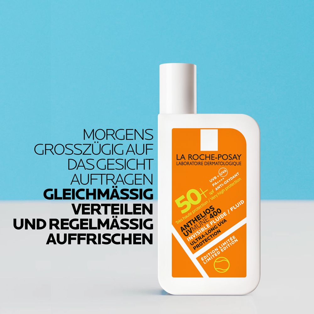 La Roche-Posay Anthelios UVMune 400 Fluid. Text: Morgens auftragen, verteilen, regelmäßig auffrischen.