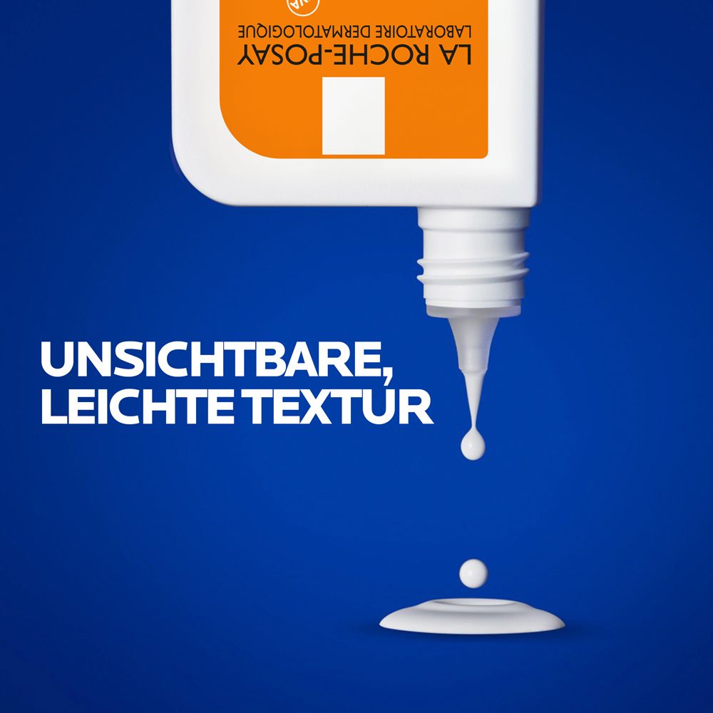 La Roche-Posay Anthelios UVMune 400 Fluid. Tropfen Produkt. Text: Unsichtbare, leichte Textur.