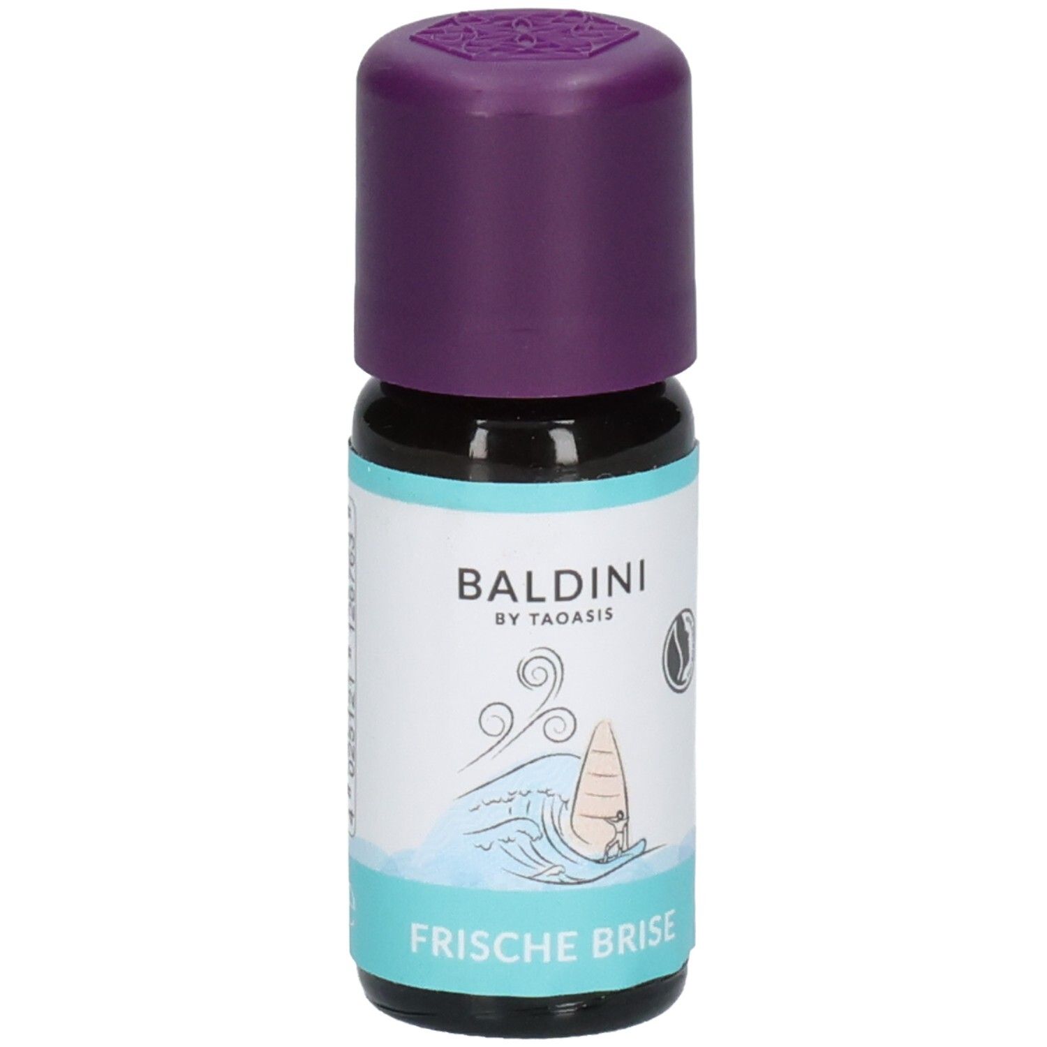 Baldini Fläschchen mit lila Verschluss, Etikett mit "Frische Brise" und Windsurfer-Motiv.
