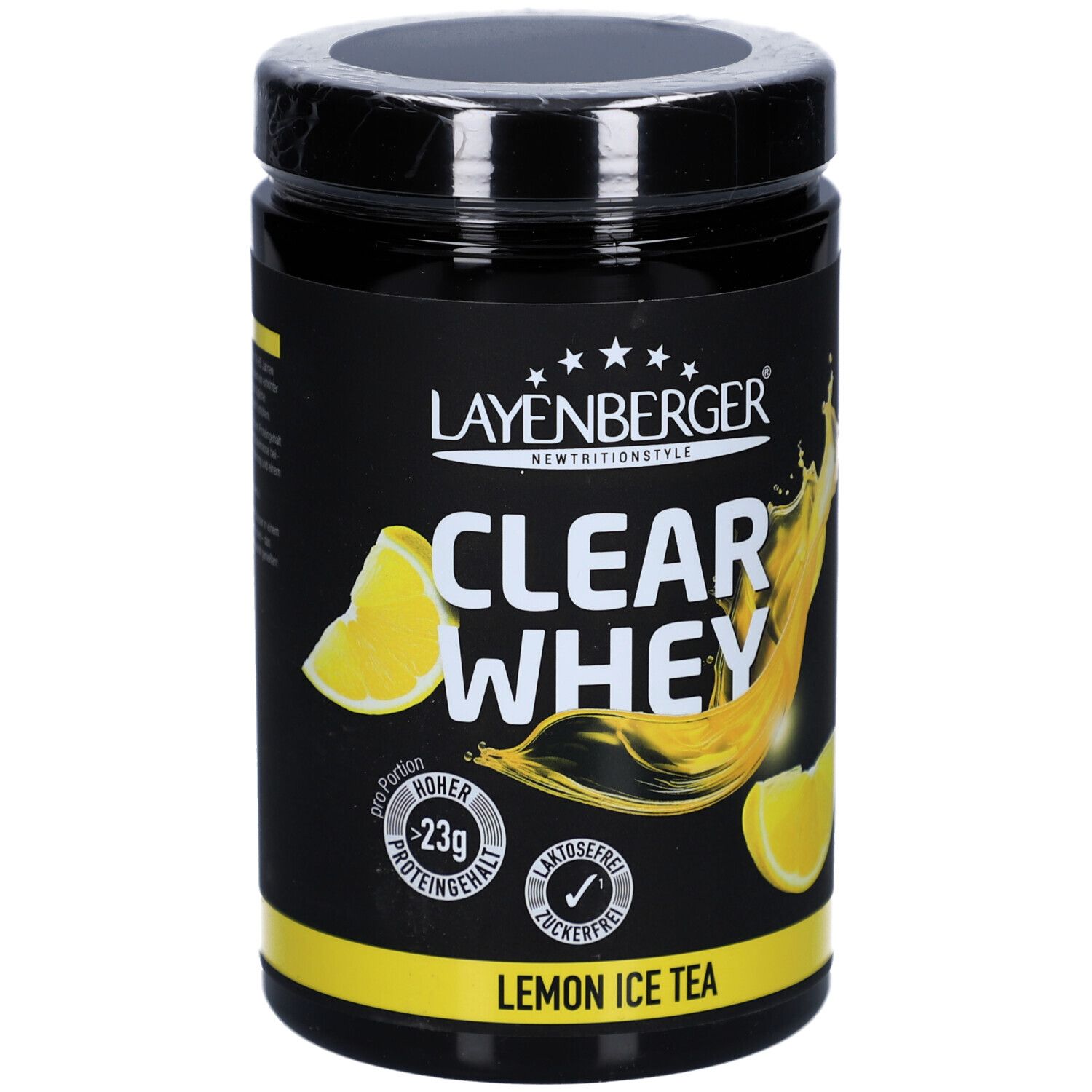 Boîte noire de LAYENBERGER® Clear Whey Lemon Ice Tea. Contient 23g de protéines, sans lactose et sans sucre. Illustration de citron.