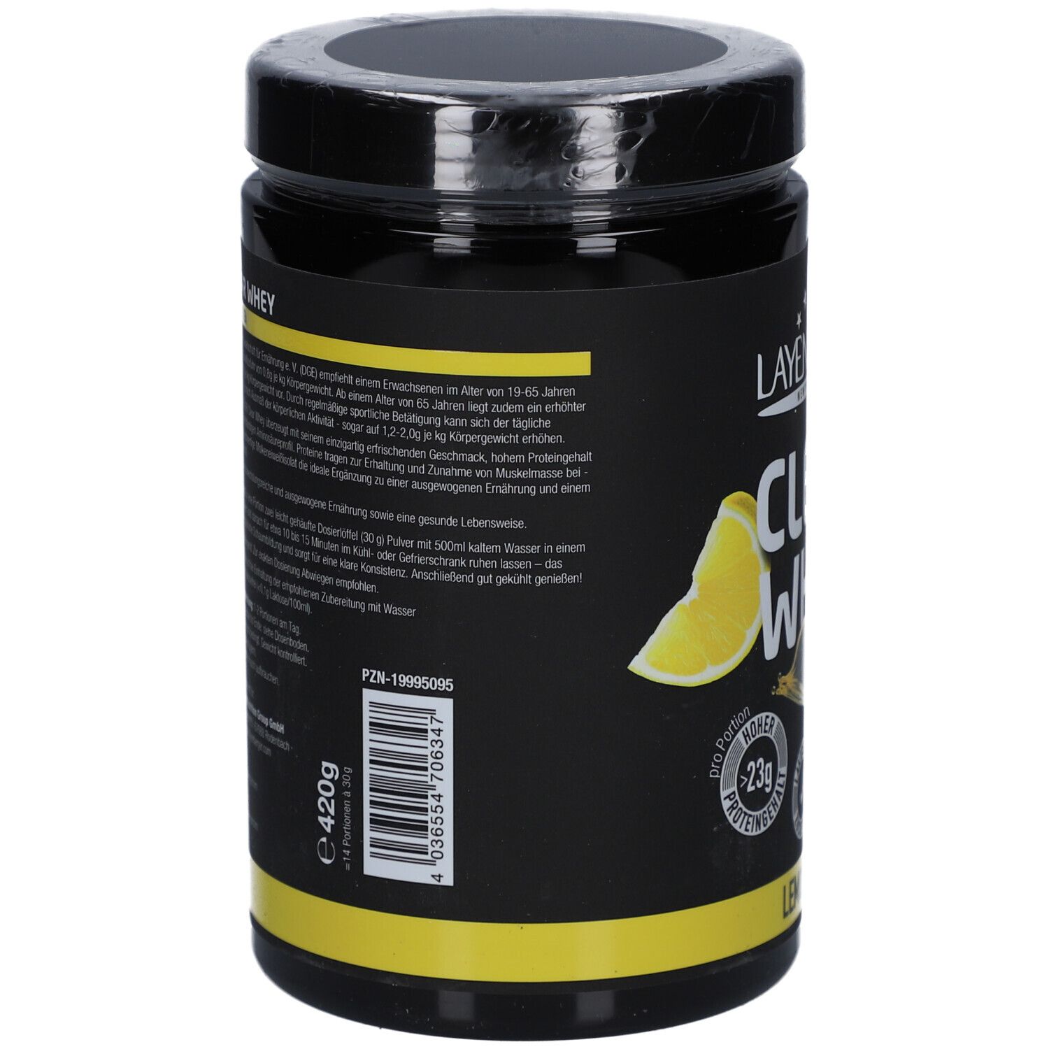 Dos de la boîte noire de LAYENBERGER® Clear Whey. Informations textuelles, valeurs nutritionnelles et code-barres. Illustration de citron.