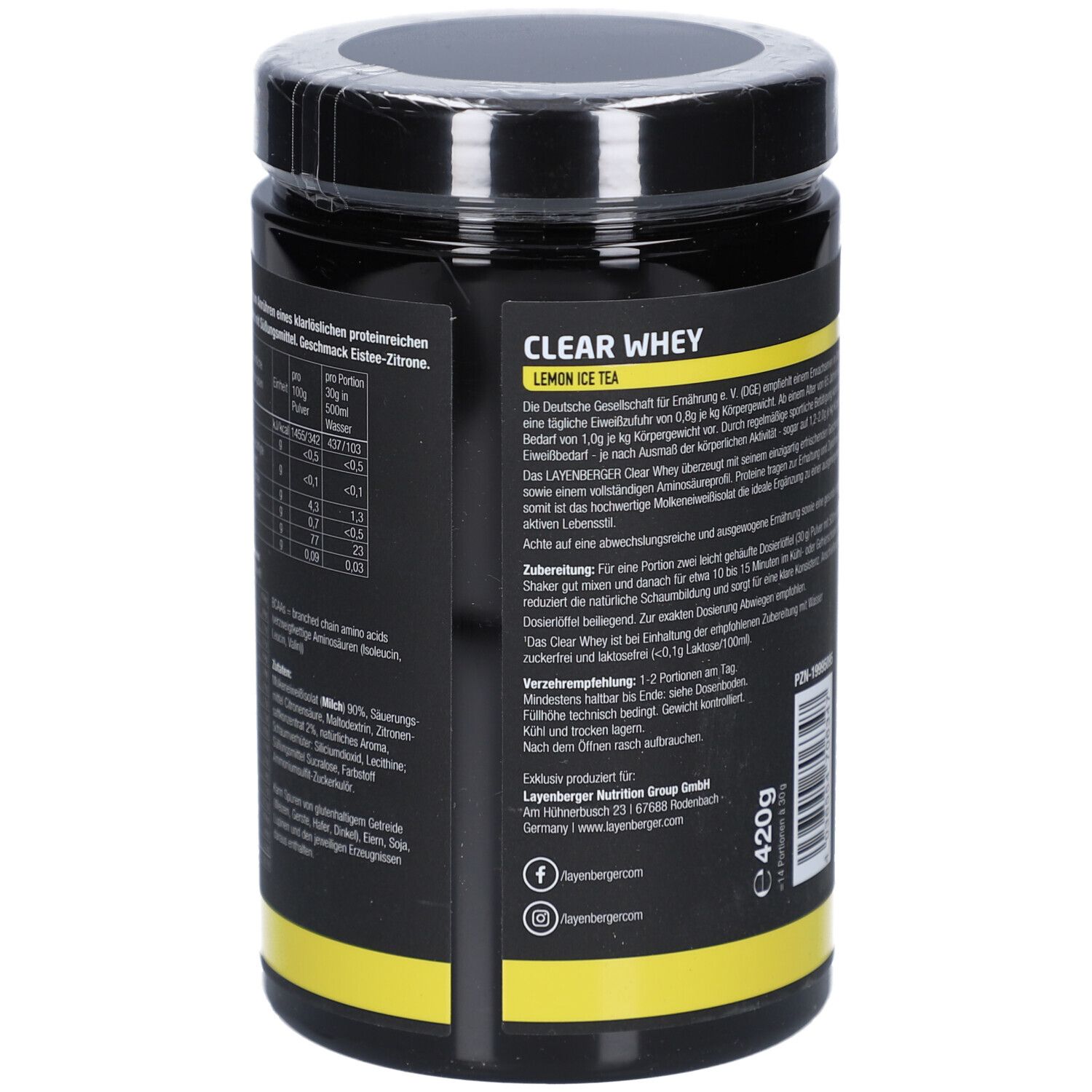 Dos de la boîte noire de LAYENBERGER® Clear Whey. Informations textuelles, valeurs nutritionnelles et coordonnées. Illustration de citron.