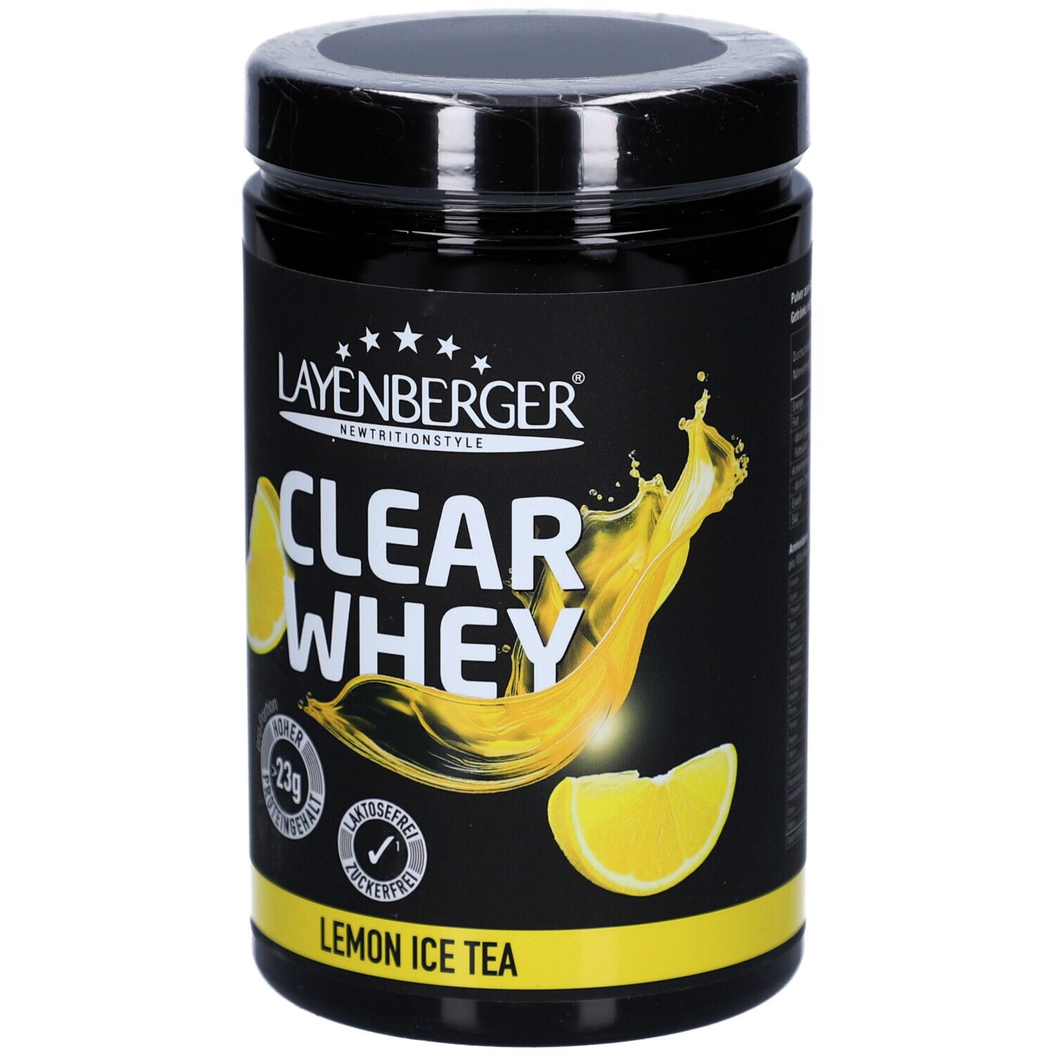 Boîte noire de LAYENBERGER® Clear Whey Lemon Ice Tea. Contient 23g de protéines, sans lactose et sans sucre. Illustration de citron.