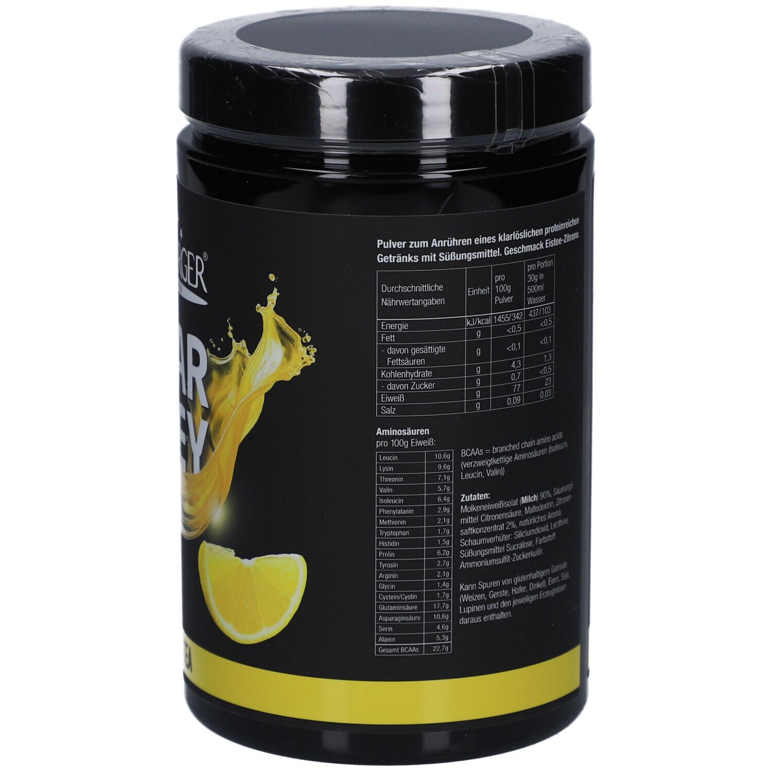 Dos de la boîte noire de LAYENBERGER® Clear Whey. Informations textuelles, valeurs nutritionnelles et liste des ingrédients. Illustration de citron.