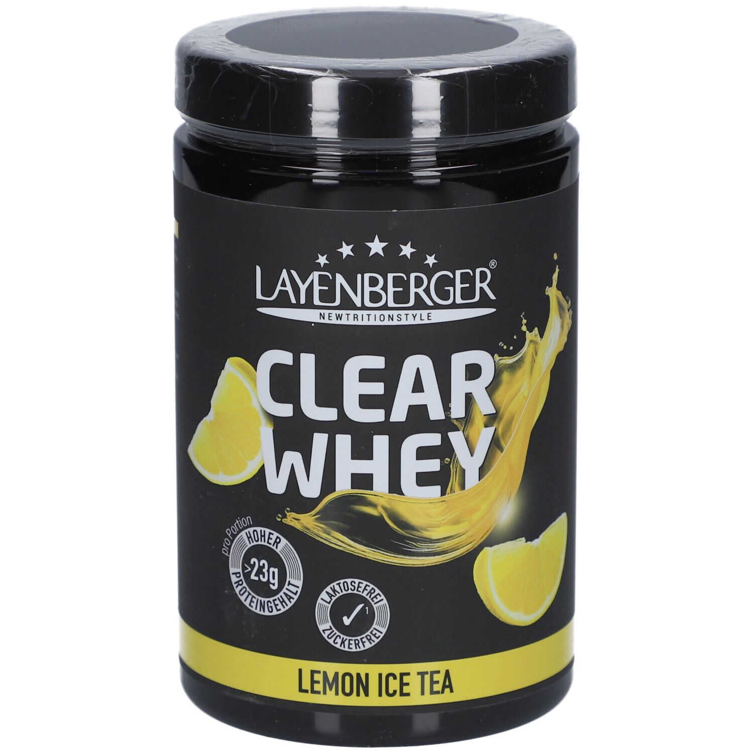 Boîte noire de LAYENBERGER® Clear Whey Lemon Ice Tea. Contient 23g de protéines, sans lactose et sans sucre. Illustration de citron.