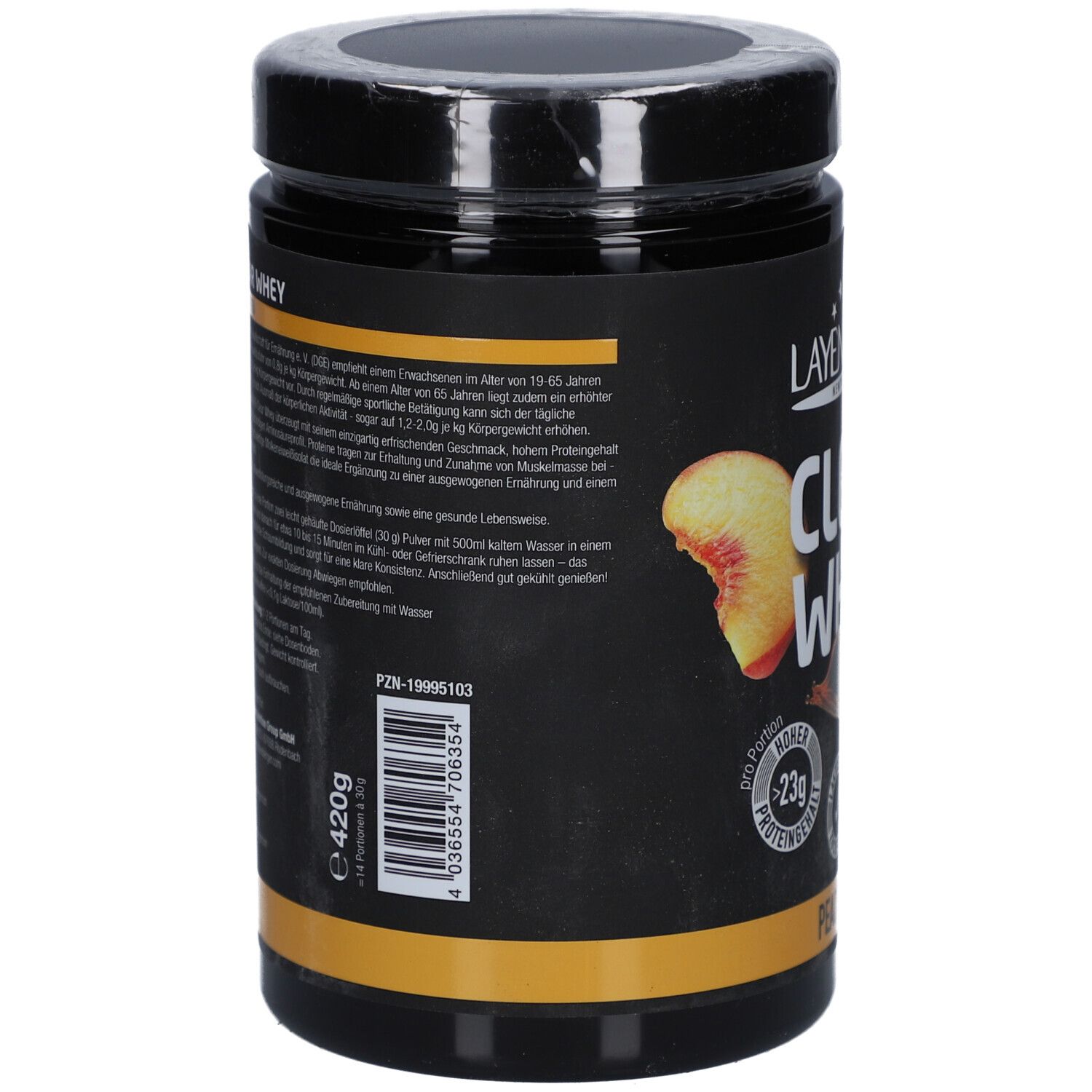 Dos de la boîte noire LAYENBERGER® Clear Whey. Texte en allemand, informations nutritionnelles, fabricant et code-barres.