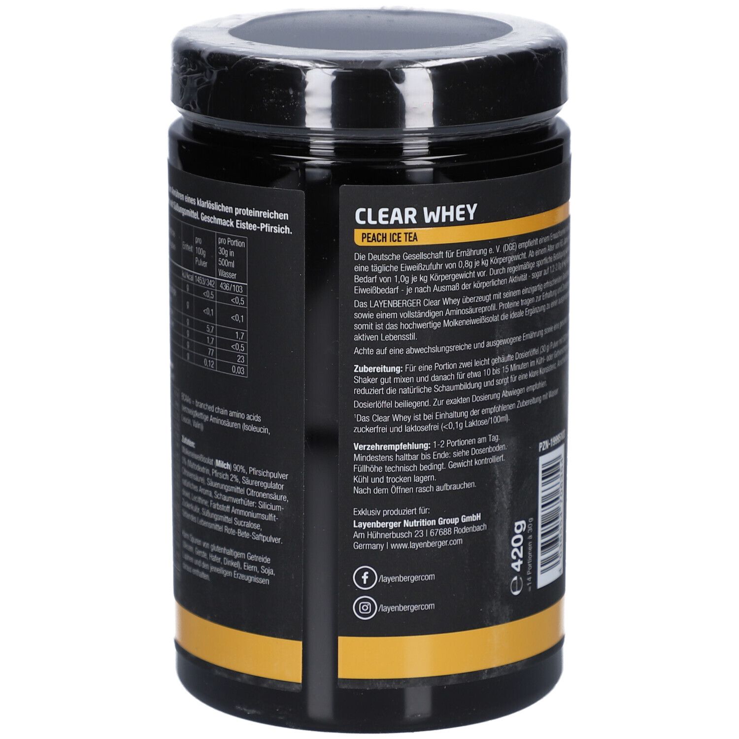 Dos de la boîte noire LAYENBERGER® Clear Whey. Texte en allemand, informations nutritionnelles, fabricant et logos.