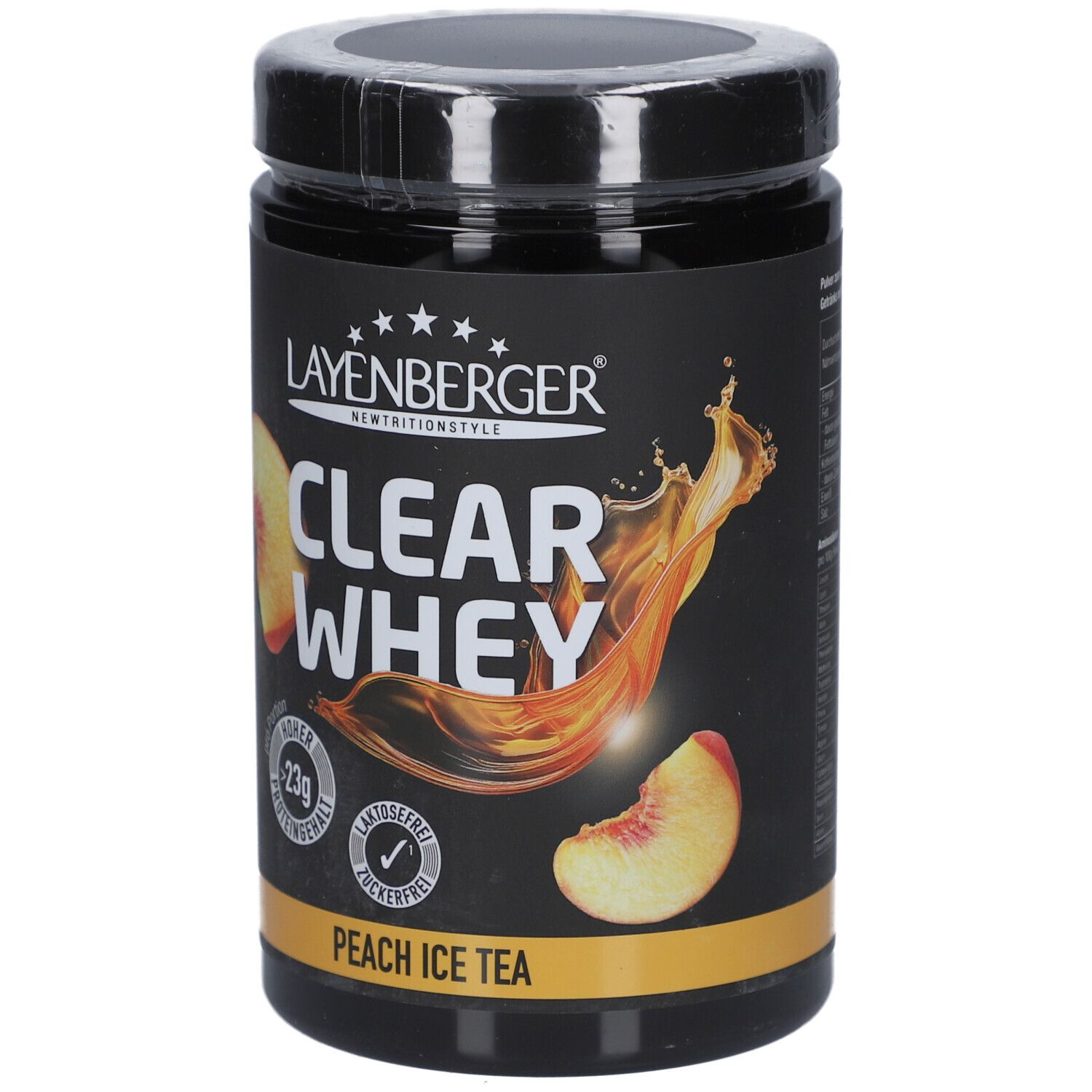 Boîte noire LAYENBERGER® Clear Whey Peach Ice Tea. Motif pêche, texte et logos. Couvercle noir.