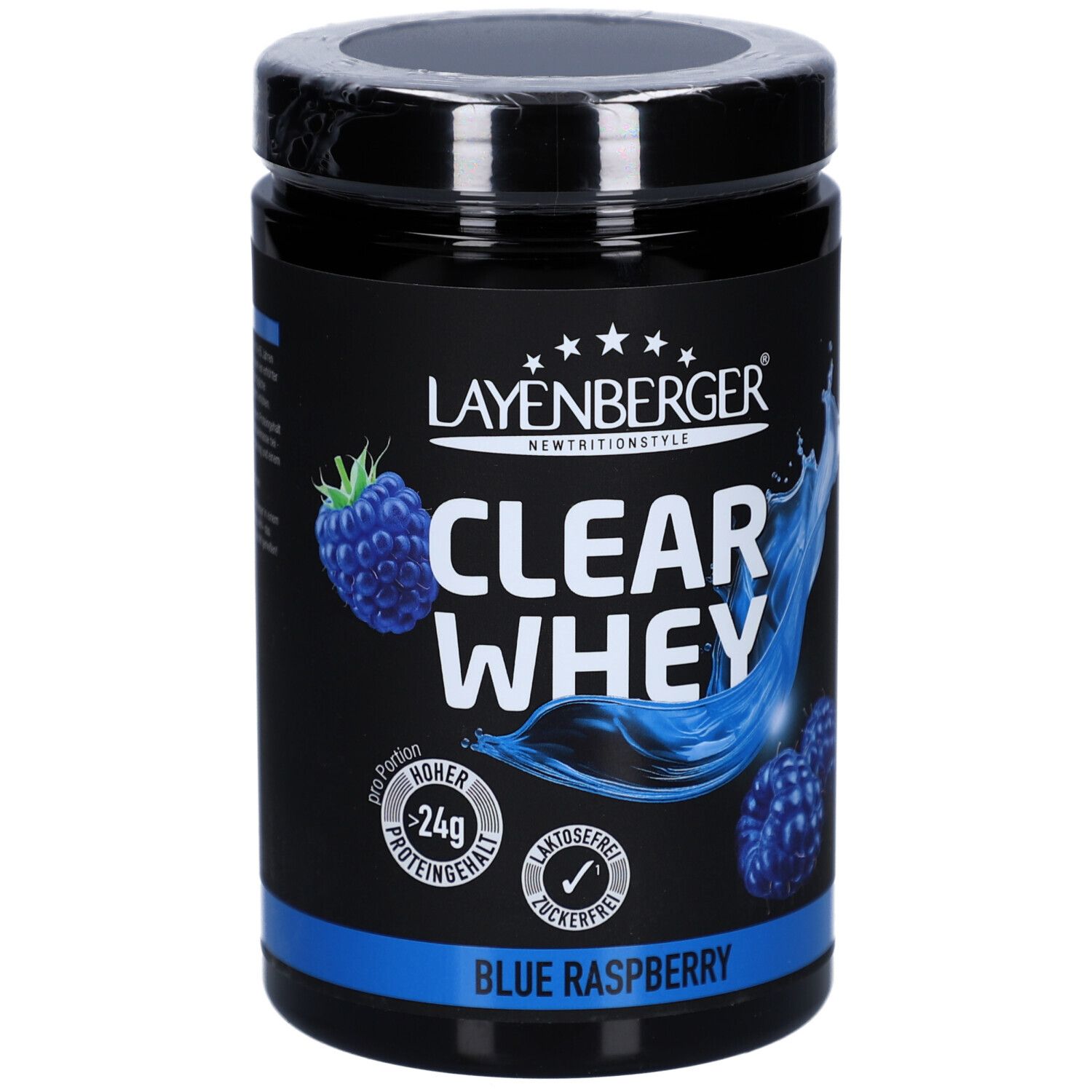 Boîte noire LAYENBERGER Clear Whey Blue Raspberry. Framboises bleues et éclaboussures d'eau. Riche en protéines, sans lactose, sans sucre.