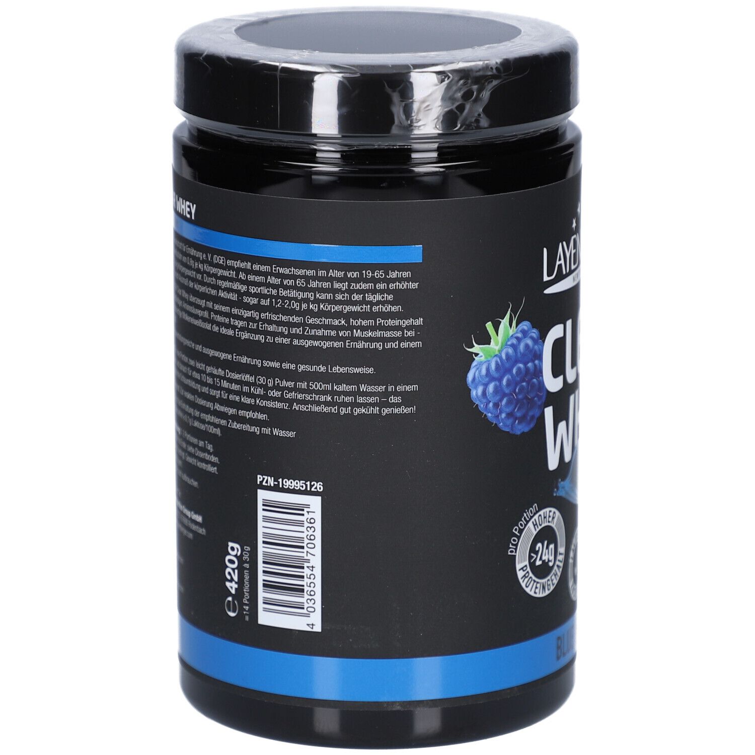Dos de la boîte noire LAYENBERGER Clear Whey. Informations textuelles, framboise bleue, 420g, PZN-19995126, code-barres.