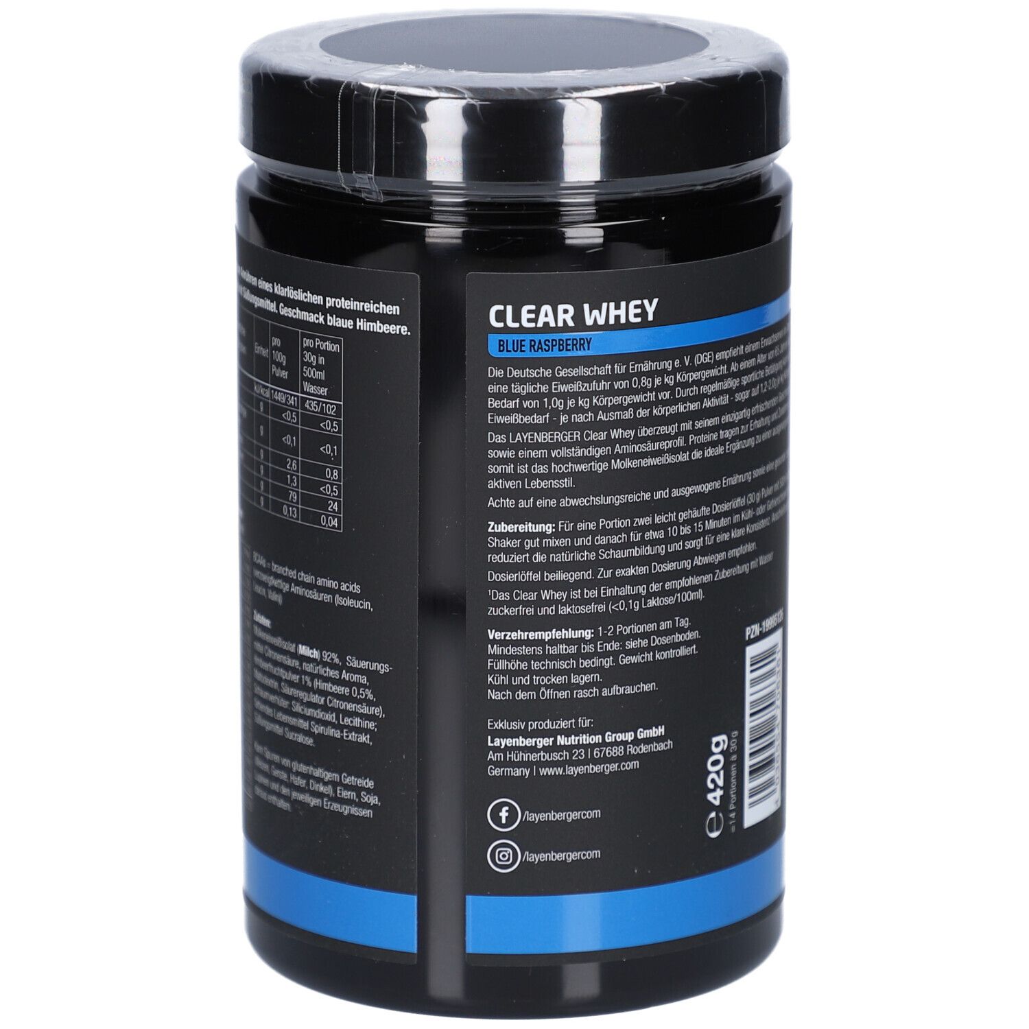 Dos de la boîte noire LAYENBERGER Clear Whey. Informations textuelles, framboise bleue, 420g, informations fabricant.