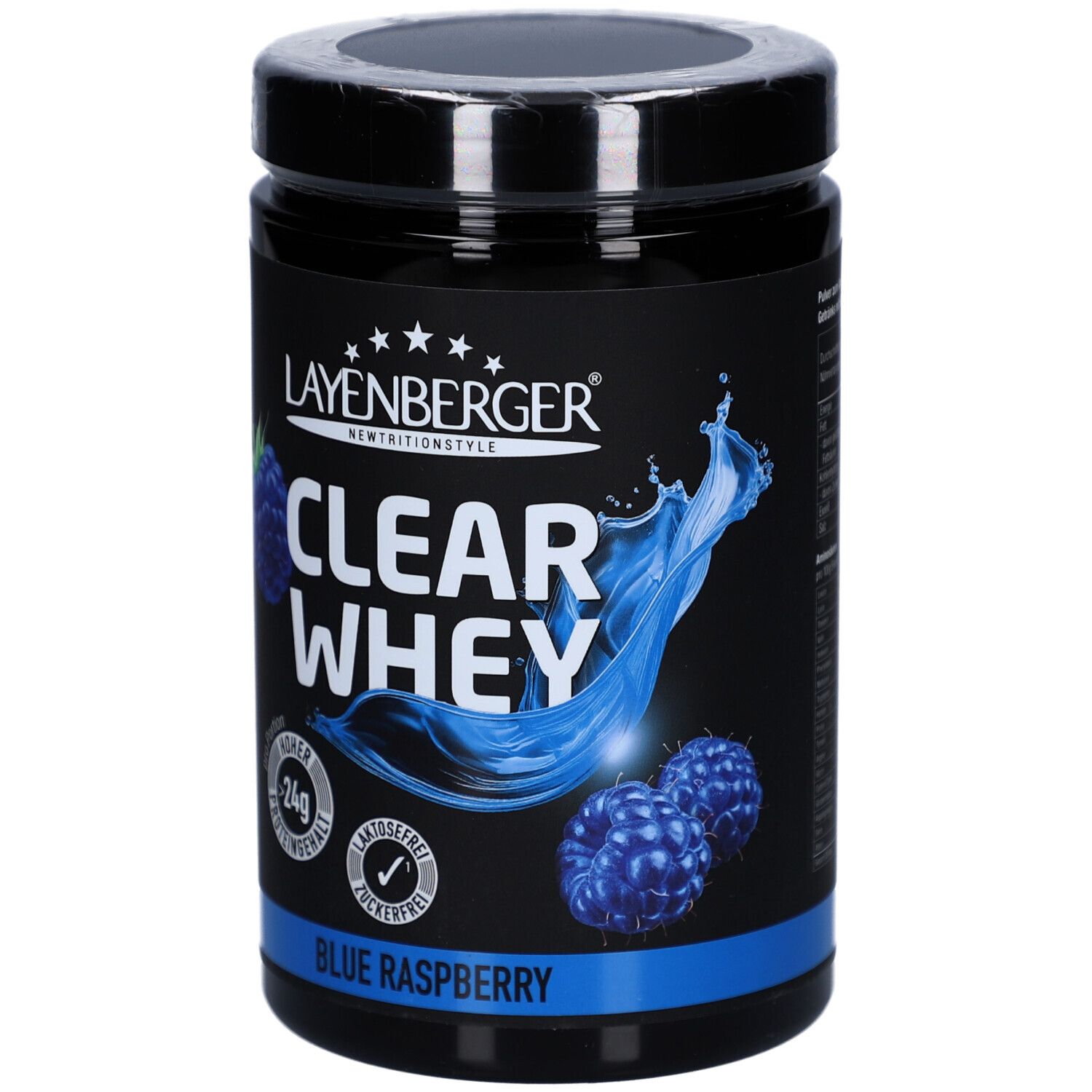 Boîte noire LAYENBERGER Clear Whey Blue Raspberry. Framboises bleues et éclaboussures d'eau. 34g protéines, sans lactose, sans sucre.