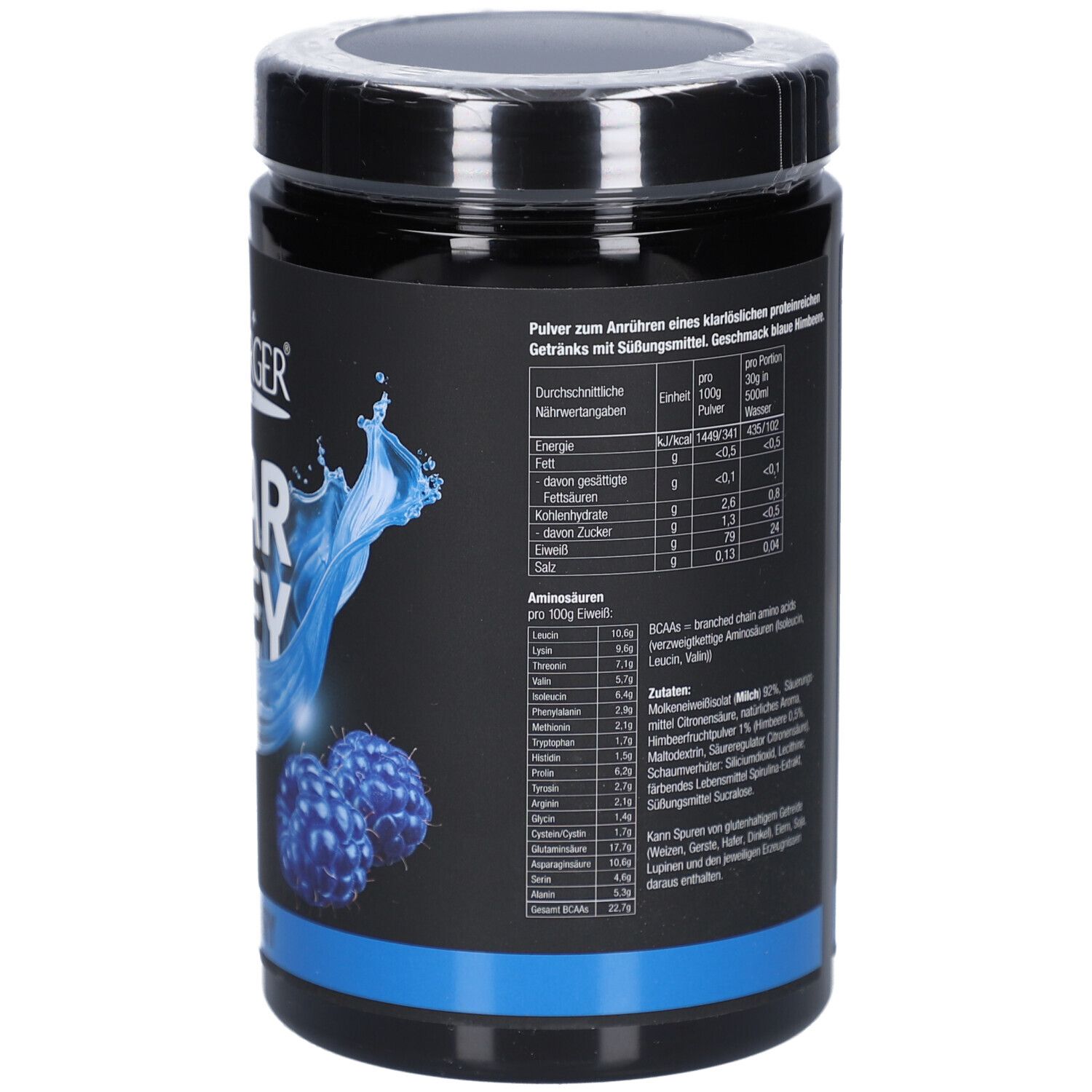 Dos de la boîte noire LAYENBERGER Clear Whey. Informations nutritionnelles, acides aminés, liste des ingrédients, framboises bleues et éclaboussures.