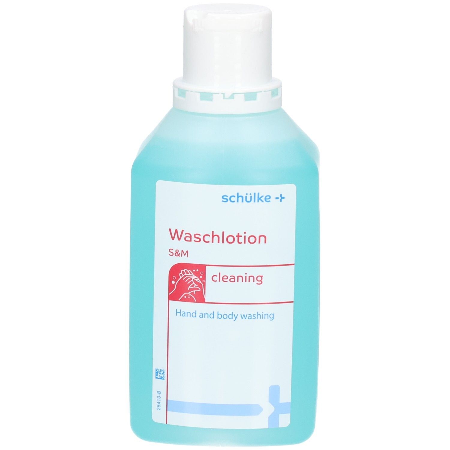 Schülke Lotion lavante S&M pour mains et corps, liquide bleu dans une bouteille blanche.
