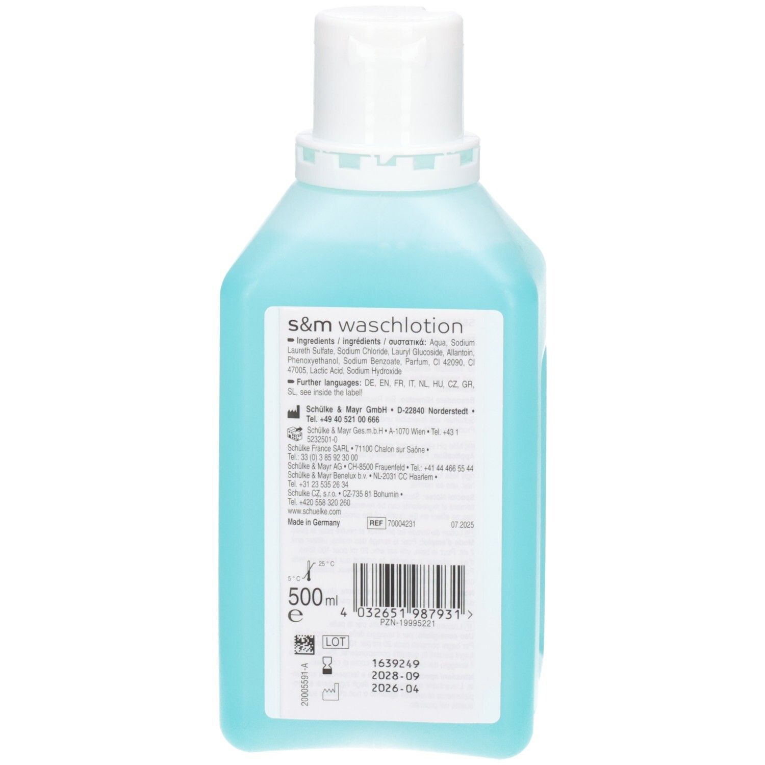Arrière de la bouteille Schülke S&M WaschLotion avec ingrédients et indication 500ml.