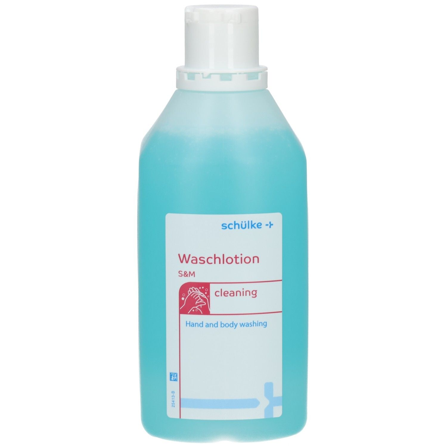 Bouteille de lotion de lavage bleue, étiquette "Schülke S&M Waschlo tion cleaning Hand and body washing".