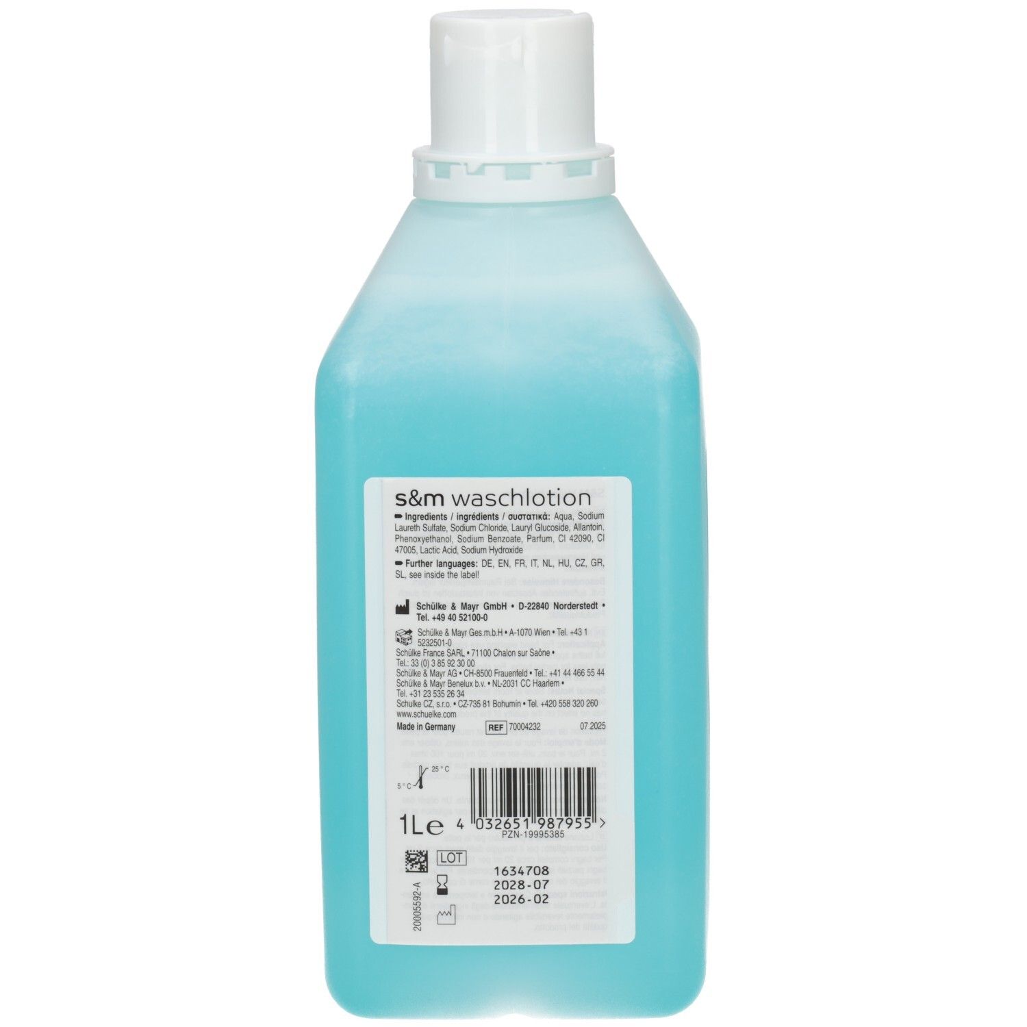 Arrière d'une bouteille de lotion de lavage bleue, étiquette avec ingrédients, informations fabricant et "1L".