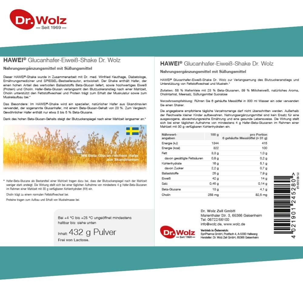 Rückseite Dose. Text: HAWEI Glucanhafer-Eiweiß-Shake. Nährwertangaben. Zutaten. Haltbarkeit. Kontaktinformationen Dr. Wolz.
