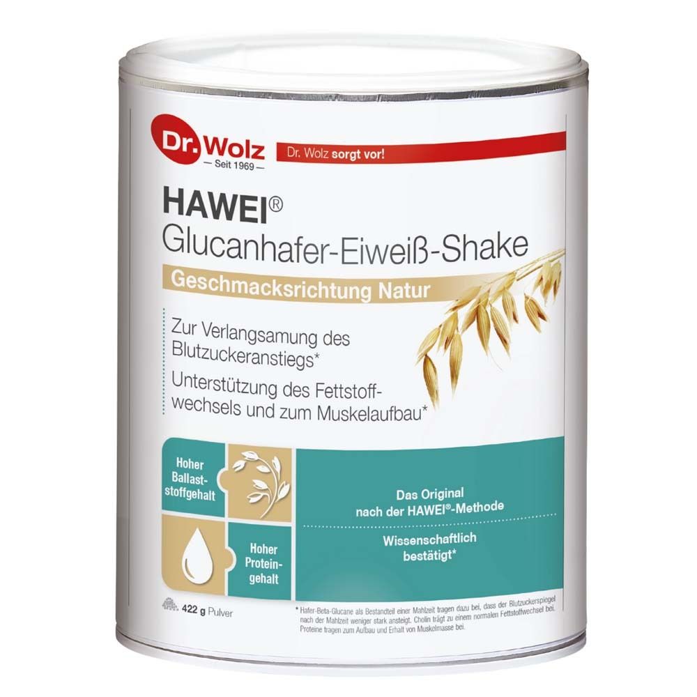 Dose HAWEI® Glucanhafer-Eiweiß-Shake, Natur-Geschmack. Enthält Haferflocken-Eiweiß. Mit Dr. Wolz Logo.