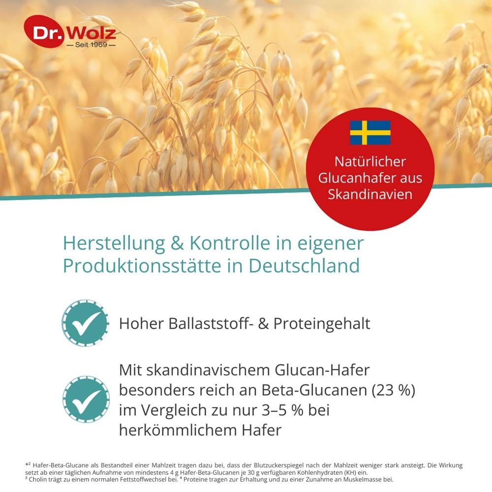 Text: Natürlicher Glucanhafer aus Skandinavien. Herstellung & Kontrolle in Deutschland. Hoher Ballaststoff- & Proteingehalt.