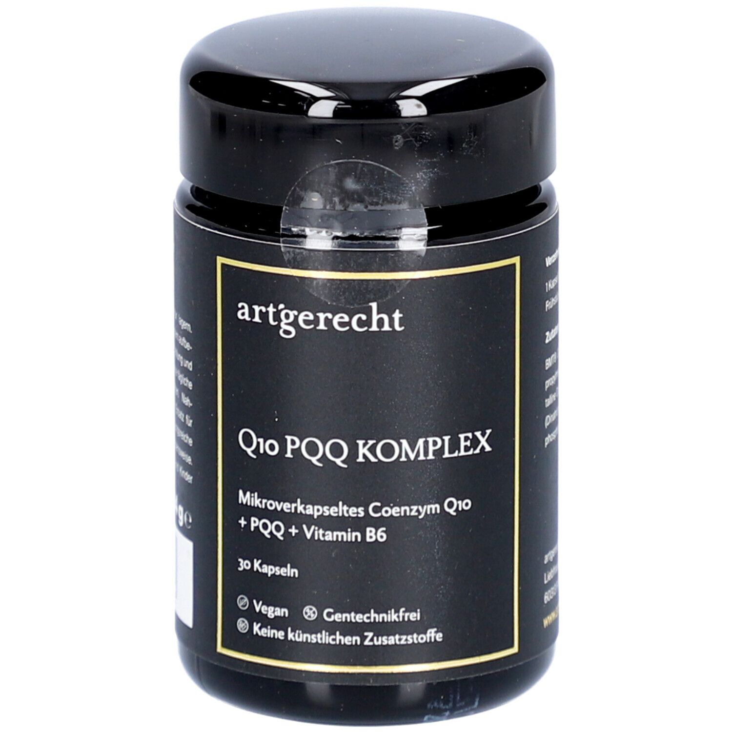 Schwarze Dose mit Aufschrift 'artgerecht' und 'Q10 PQQ KOMPLEX'. Enthält 30 Kapseln. Vegan, gentechnikfrei.