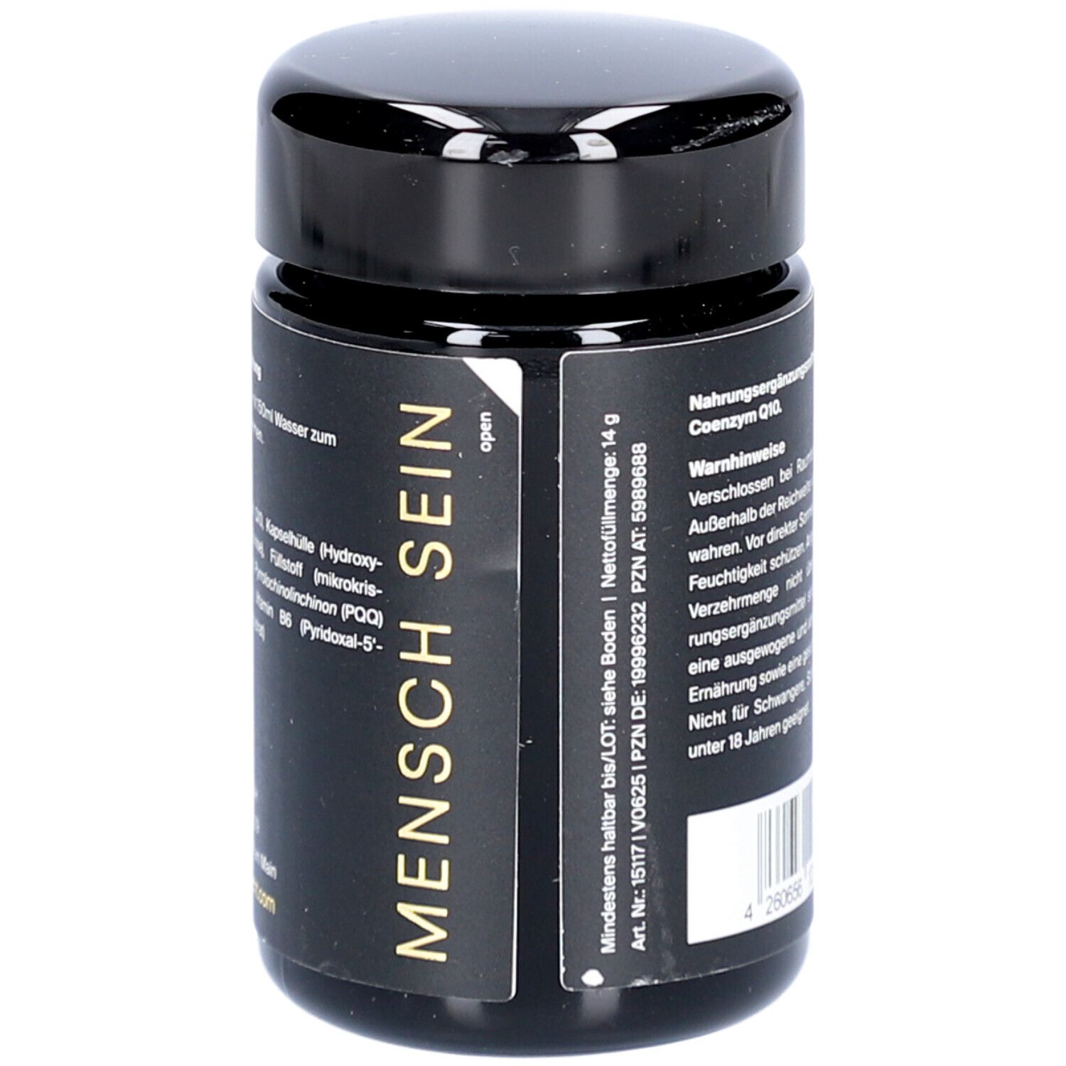 Schwarze Dose mit Aufschrift 'MENSCH SEIN'. Enthält Nahrungsergänzungsmittel. Mindesthaltbarkeit und Inhaltsstoffe sind angegeben.