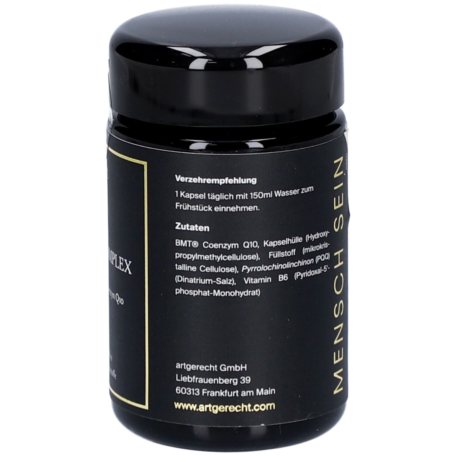 Schwarze Dose mit 'MENSCH SEIN' und Zutatenliste. Enthält 'Q10 PQQ KOMPLEX'. Verzehrempfehlung: 1 Kapsel täglich.