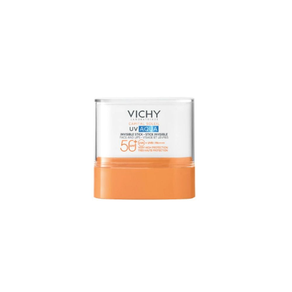 Stick solaire dans un étui transparent et orange. Inscription: Vichy, UV-Aqua, SPF 50+.