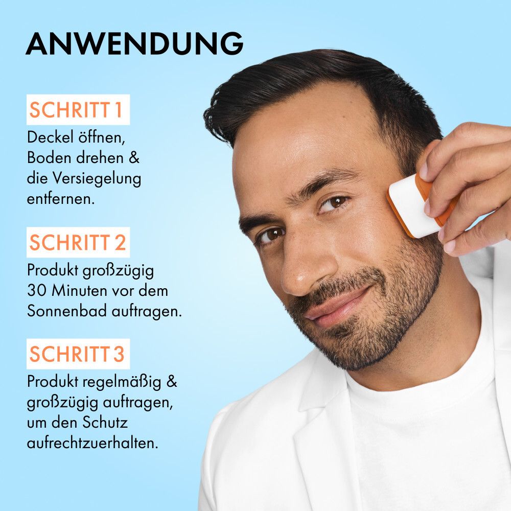Homme appliquant le produit. Texte: Application. Étape 1-3.