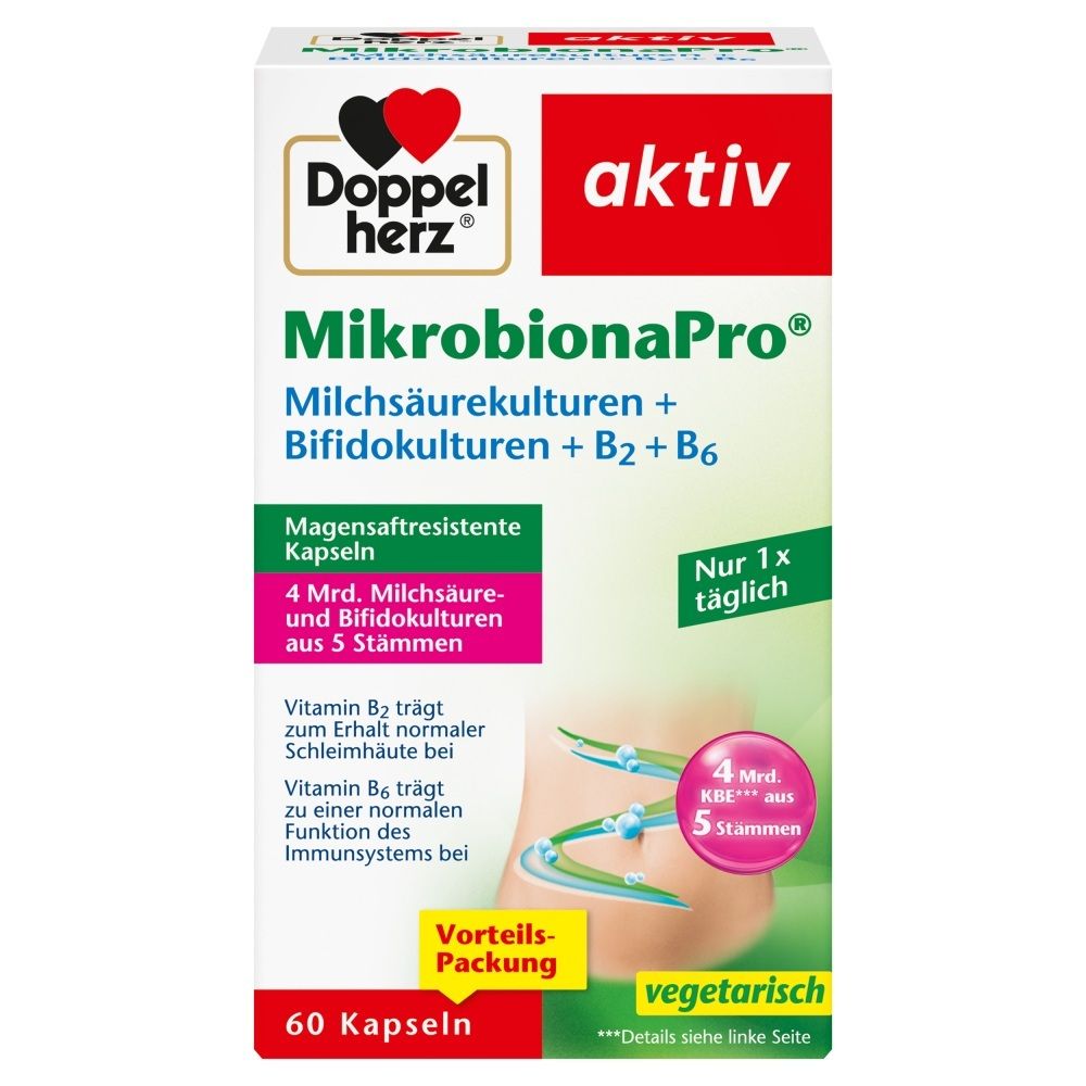 Doppelherz aktiv MikrobionaPro Kapseln: Magensaftresistente Kapseln mit 4 Mrd. Milchsäure- und Bifidokulturen aus 5 Stämmen, Vitamin B2 und B6. 60 Kapseln.
