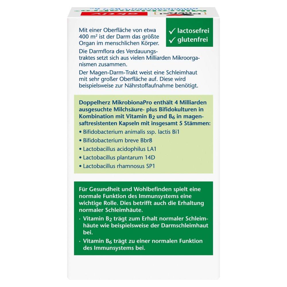 Rückseite der Doppelherz aktiv MikrobionaPro Verpackung: Informationen zu Darmflora, Inhaltsstoffen (4 Mrd. Kulturen, Vitamine B2, B6) und Kennzeichnungen (laktosefrei, glutenfrei).