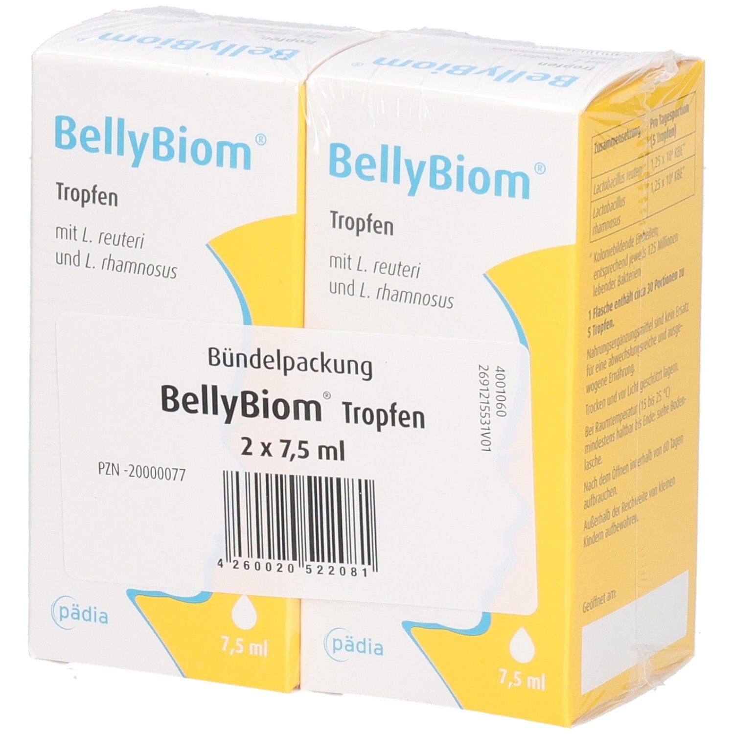 Zwei Packungen BellyBiom Tropfen. Aufschrift: Tropfen mit L. reuteri & L. rhamnosus. Bündelpackung 2 x 7,5 ml.