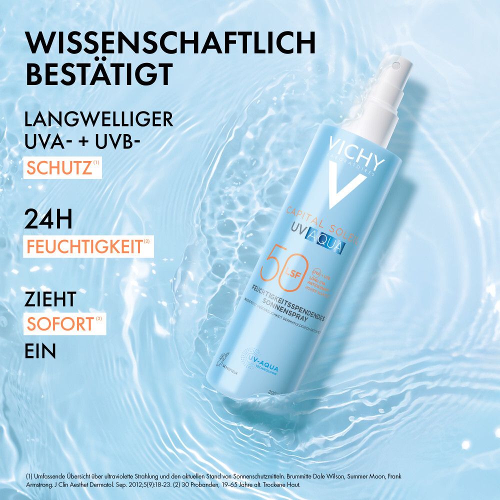 Flacon spray bleu clair. Texte : Scientifiquement prouvé, protection UVA + UVB, 24h d'hydratation, absorption immédiate.