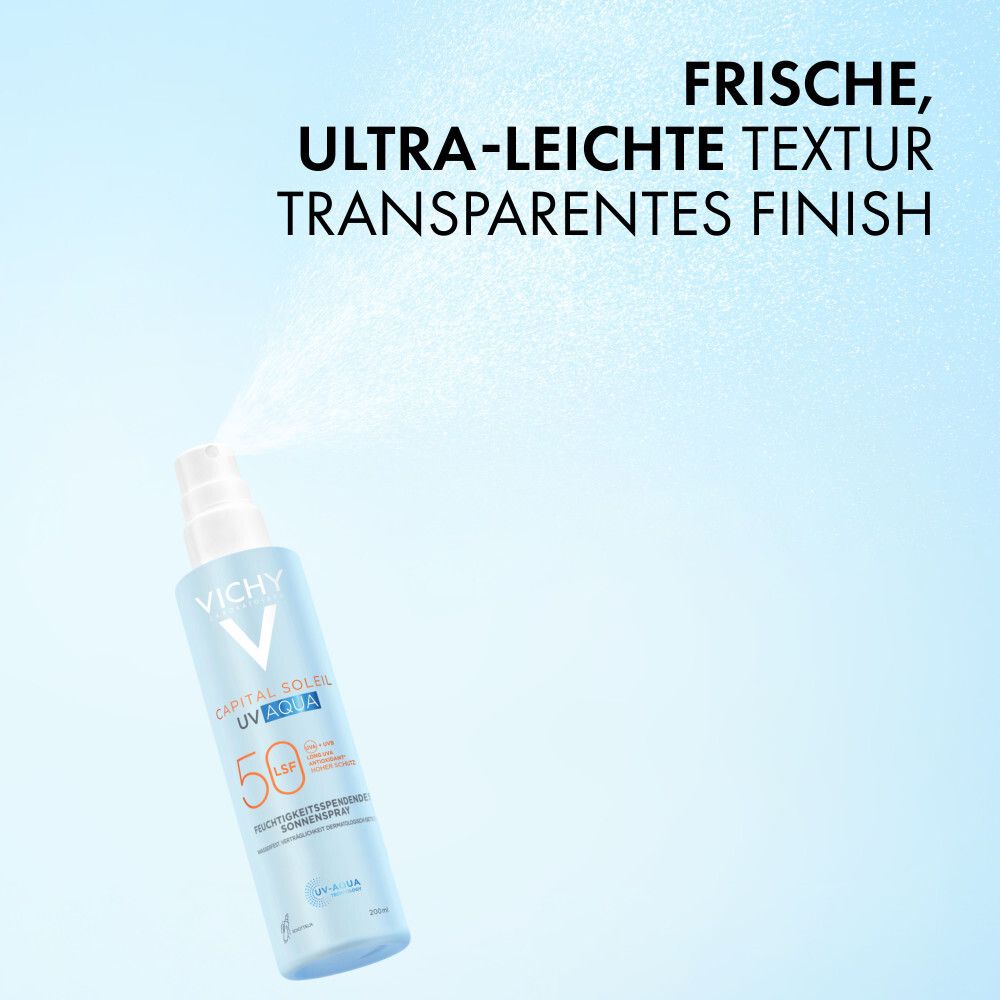 Flacon spray avec brume. Texte : Texture fraîche et ultra-légère, fini transparent.