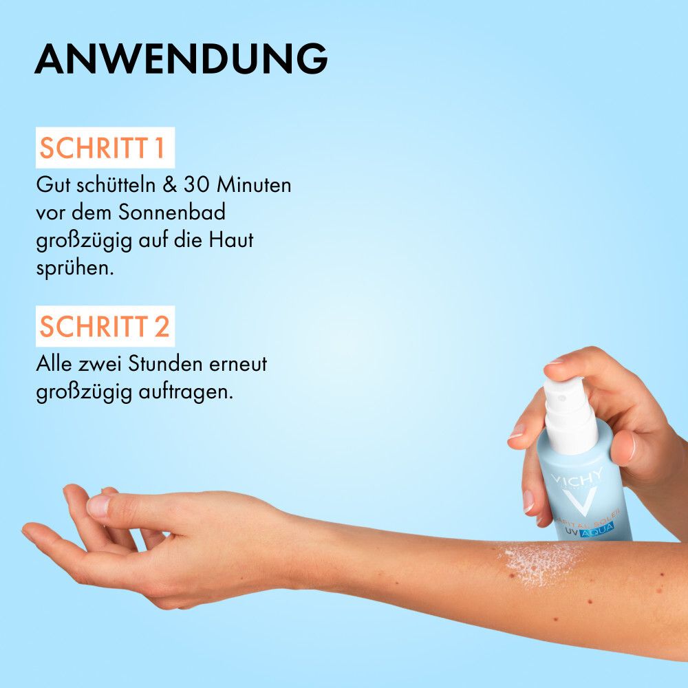 Bras avec produit vaporisé. Texte : Application, étape 1 : agiter, vaporiser. Étape 2 : réappliquer toutes les deux heures.