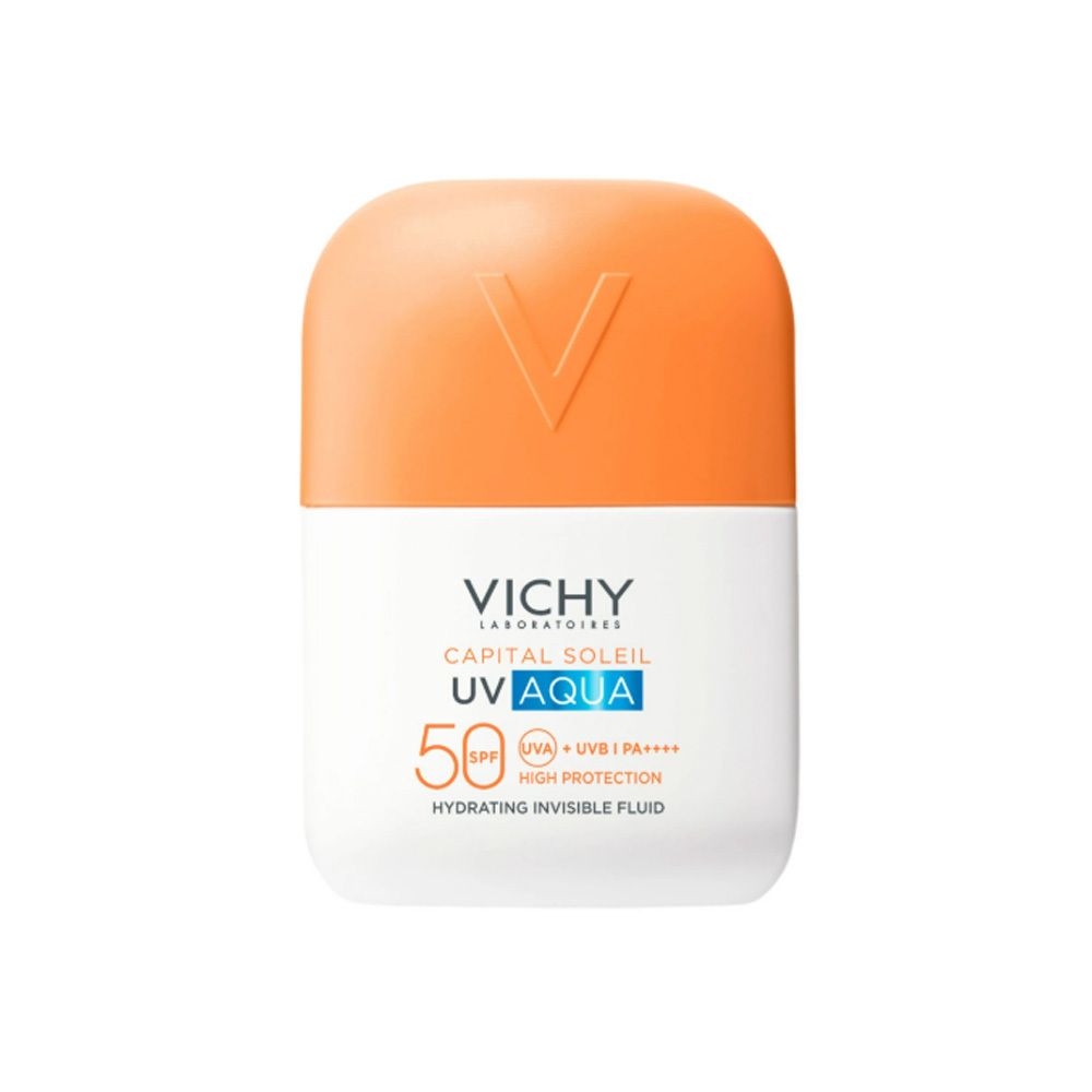 Vichy Capital Soleil UV Aqua SPF50. Flacon blanc et orange. Logo Vichy et désignation du produit. Protection solaire.