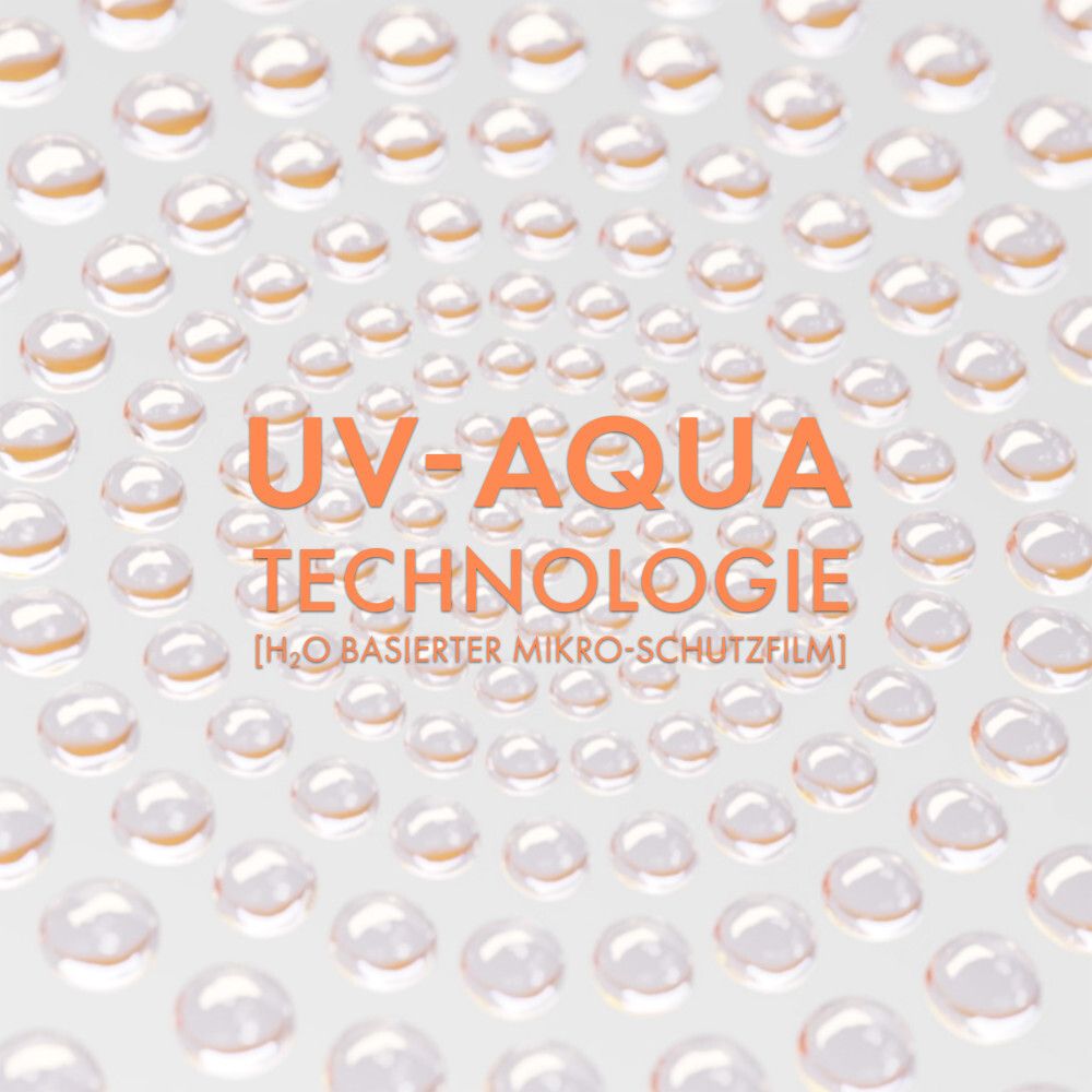 Nahaufnahme von Wassertropfen. UV-AQUA TECHNOLOGIE. H2O-basierter Mikro-Schutzfilm.