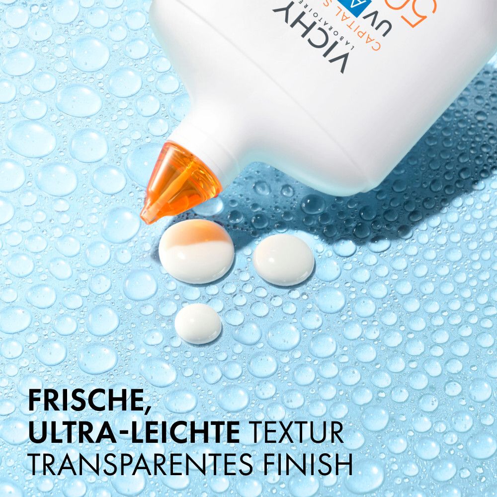 Flasche mit Sonnenschutz. Frische, ultra-leichte Textur. Transparentes Finish.