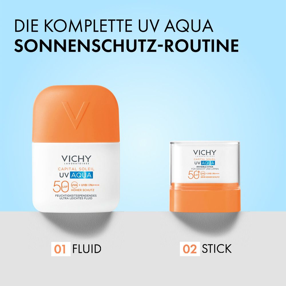 Zwei Produkte: Fluid und Stick. Die komplette UV AQUA Sonnenschutz-Routine.