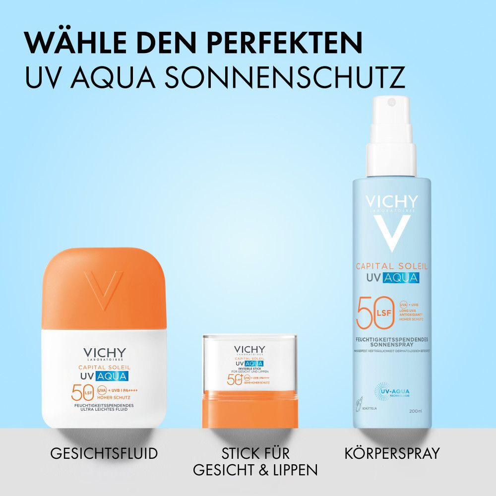 Drei Produkte: Gesichtsfluid, Stick für Gesicht & Lippen, Körperspray. Wähle den perfekten UV AQUA Sonnenschutz.