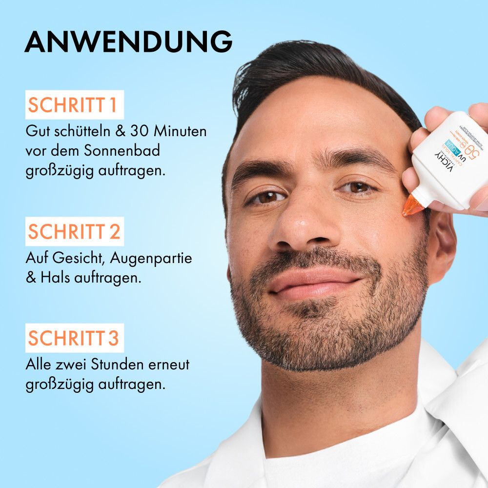 Mann trägt Sonnenschutz auf. Anwendung: Schritt 1, 2, 3.