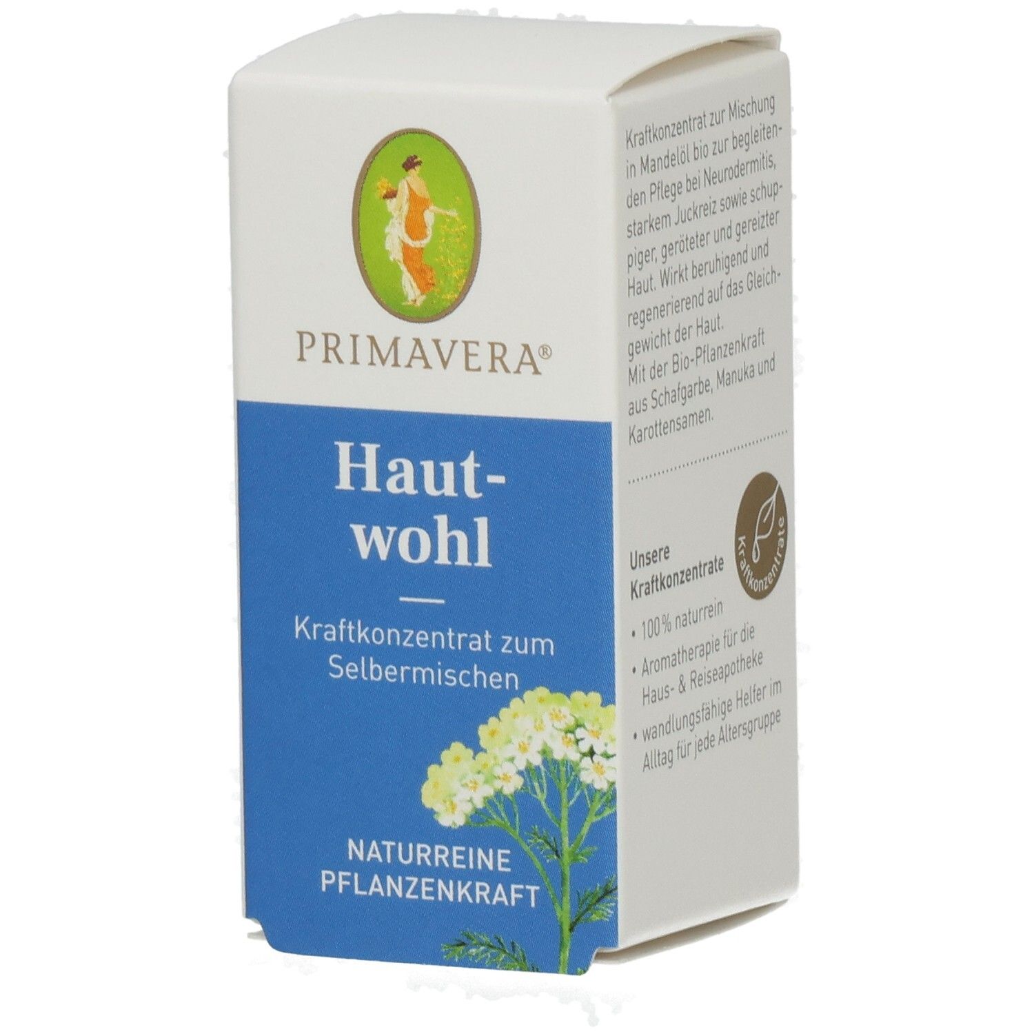 Weißer Karton mit PRIMAVERA Logo und Produktbezeichnung Hautwohl. Blaue Fläche mit Text und Pflanzenabbildung.