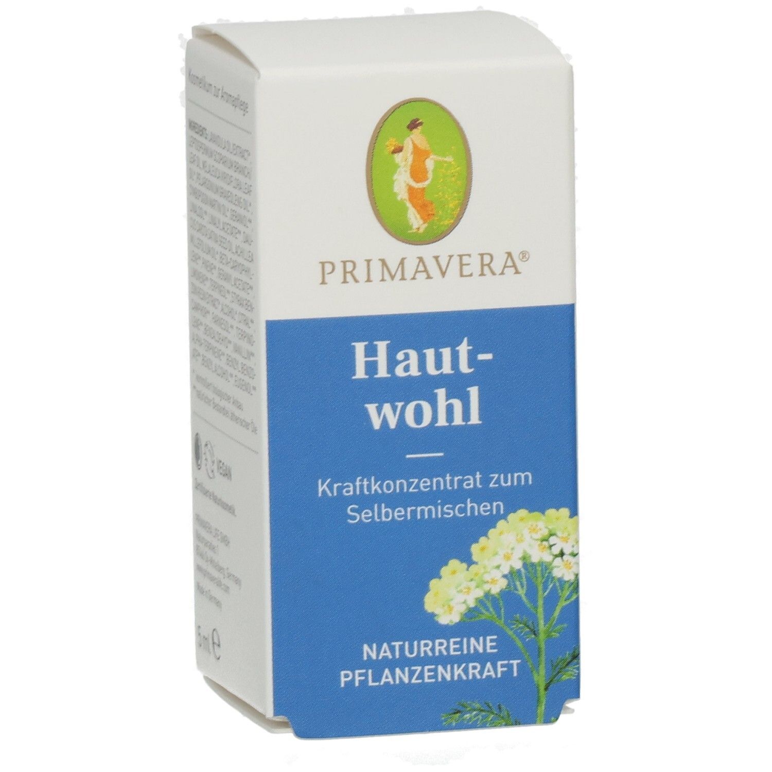 Weißer Karton mit PRIMAVERA Logo und Produktbezeichnung Hautwohl. Blaue Fläche mit Text und Pflanzenabbildung.