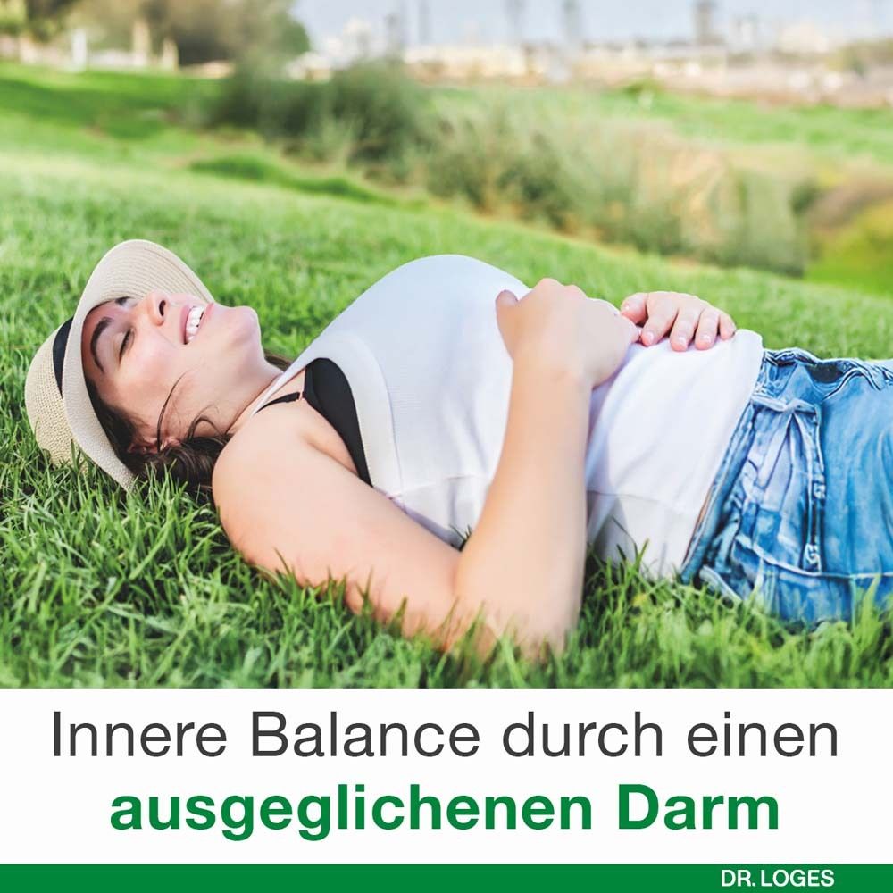 Femme allongée sur l'herbe. Texte : Équilibre intérieur grâce à un intestin équilibré. Logo Dr. Loges.