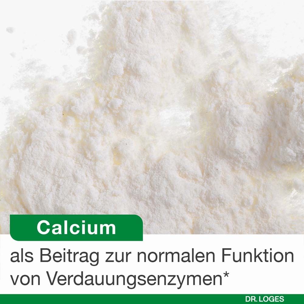 Weißes Pulver. Text: Calcium als Beitrag zur normalen Funktion von Verdauungsenzymen.