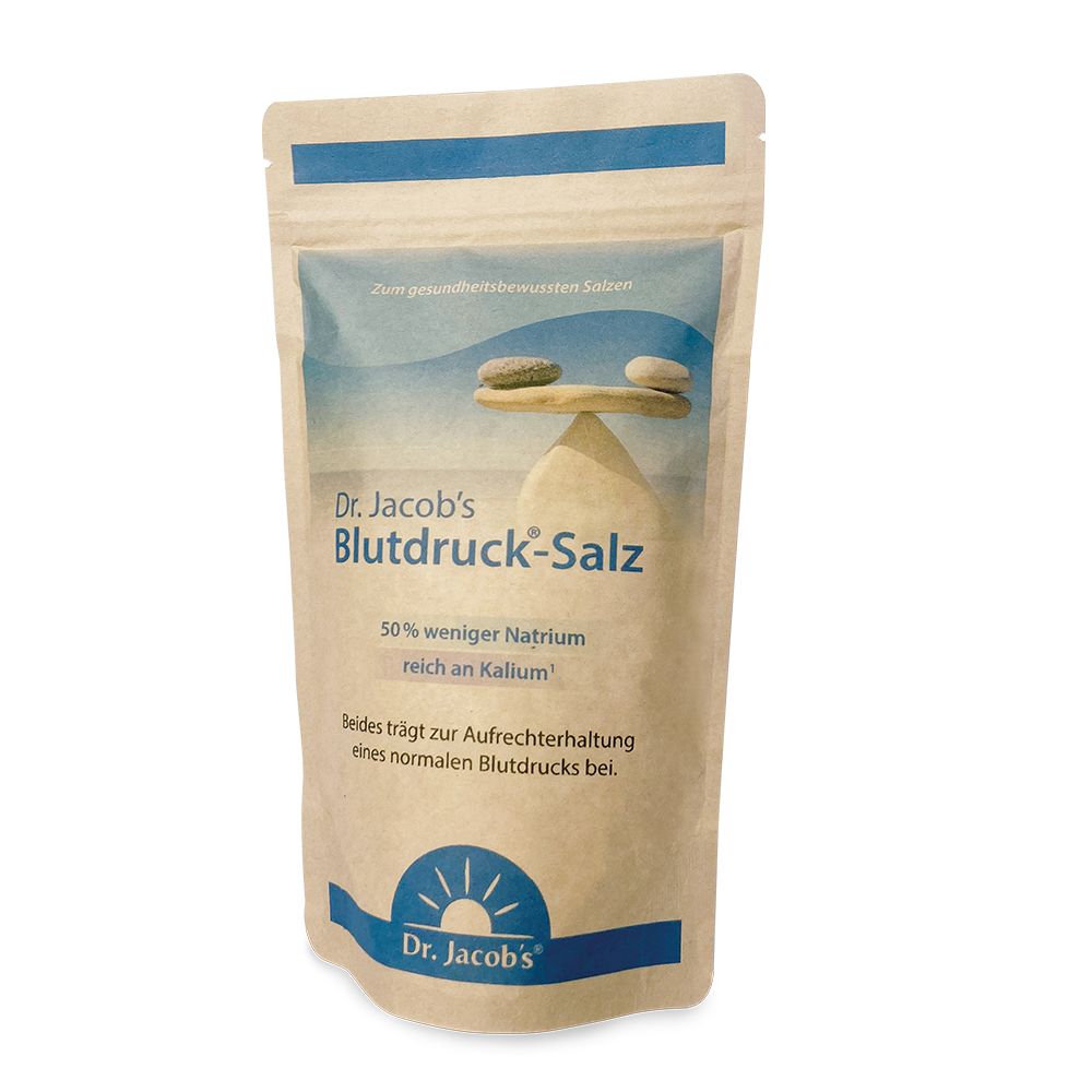 Beutel mit Dr. Jacob's Blutdruck-Salz. Aufdruck: 50% weniger Natrium, reich an Kalium. Logo.