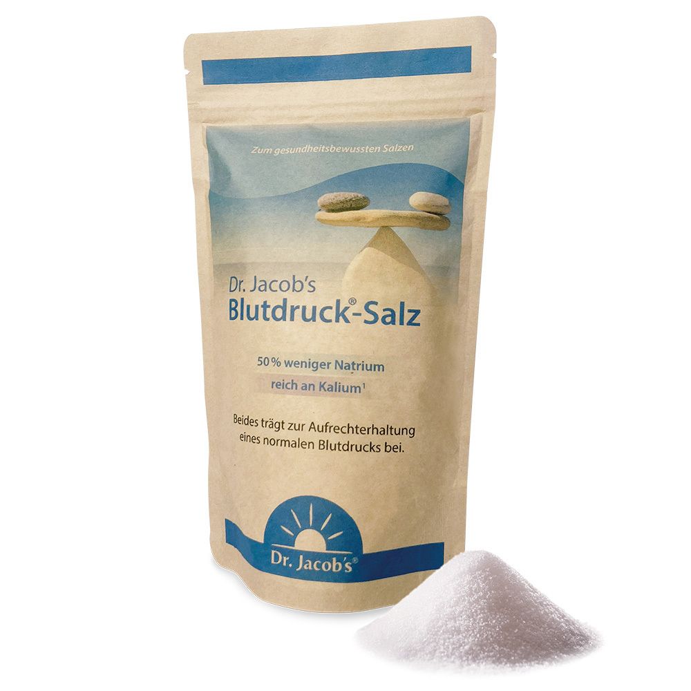 Beutel Dr. Jacob's Blutdruck-Salz und Salzberg. Aufdruck: 50% weniger Natrium, reich an Kalium.